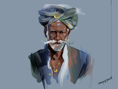 Rich man with turban artistic design digital watercolor illustration indian culture photoshop vector