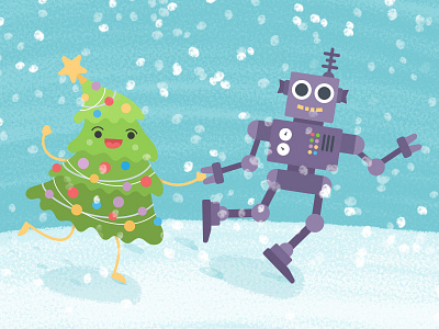 Voov Robot Xmas card cartoon character christmas greetings illustration robot running tree xma
