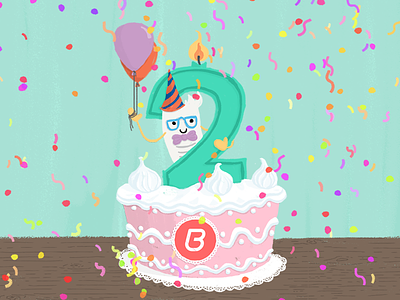 Billingo 2nd birthday cake 2nd birthday cake candle cartoon character confetti digital painting glasses illustration mascot party