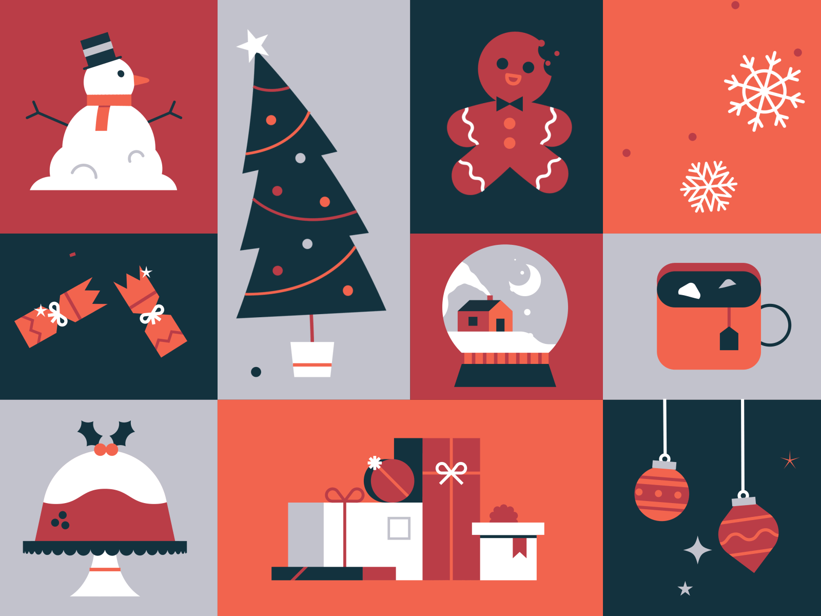 Happy Holidays ⛄️🎄❄️ animation character christmas cute design flakes fun gifts gingerbread happy holidays house illustration presents pudding snow snowman tree xmas