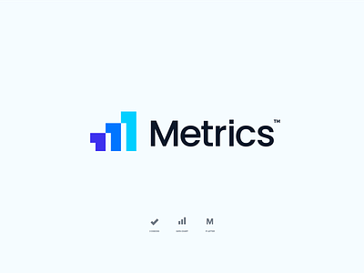 Metrics Logo analytics bar branding buy chart check mark concept data design finance for sale graph icon identity logo m letter mark register typography