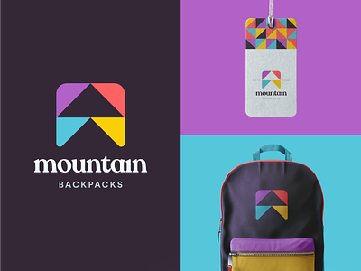 Mountain Backpacks Logo abstract backpack bag branding clothing color design geometric icon identity logo material mountains nature pattern product shapes tag type wild