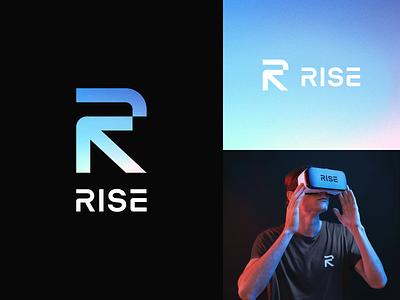 Rise Logo ↖ arrow branding custom design game gaming headset icon logo r letter rise typeface vr wordmark