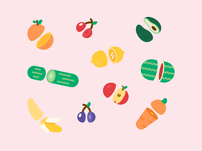 Sliced Fruit and Veg apple avocado banana cherry cut debut fruit icons illustration orange sliced vegetables