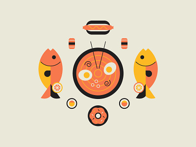 More Food 🍩 🍣 🍥 cute donut fish flat food hot dog icon illustration junk ramen style sushi