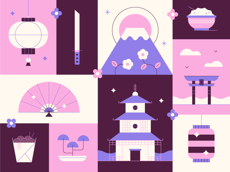 Japan ๐๐ฎ๐ธ ramen food bonsai temple lantern cute illustration flowers sushi fuji travel japan