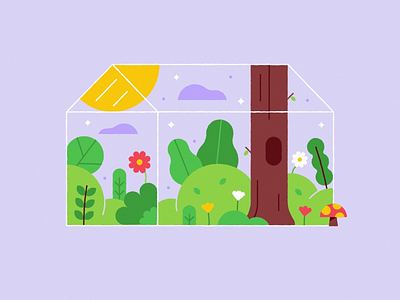 Spring Animated 🌸🌿🍄 animated animation cute flowers glass house illustration leaves motion mushroom spring summer sun trees