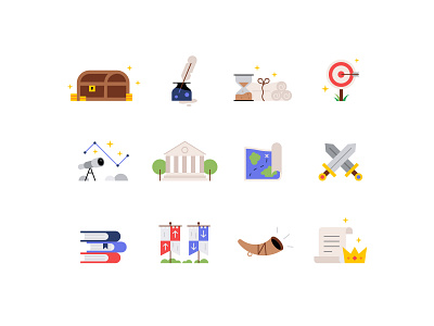 Icons and characters ⚔️👑📚 character chest cute fun gaming history icons illustration map medieval scroll treasure