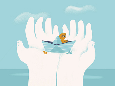 Paper boats and hopes conceptual illustration hands help hope illustration sea