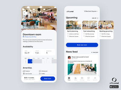 Coworking Office Management Mobile App app blue booking cards clean coworking design hybrid app management app meeting room meetings minimalistic mobile modern office office space product productivity schedule social app