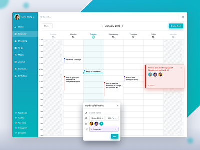 Social calendar account agenda app calendar cards clean dashboard meeting minimal modern popup profile schedule sidebar social task tooltip ui ux