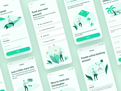 Mobile bank onboarding account app bank bank card buttons cards clean creative fintech forms gradient green illustration interaction ios mobile onboarding payment product registration