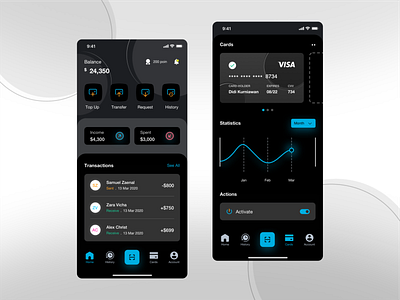 E - Wallet Apps 💳~ Dark Mode balance bank bank card dark dark ui darkmode emoney ewallet income money money management money transfer point spent statistics transaction uidesign uiux uxdesign visa