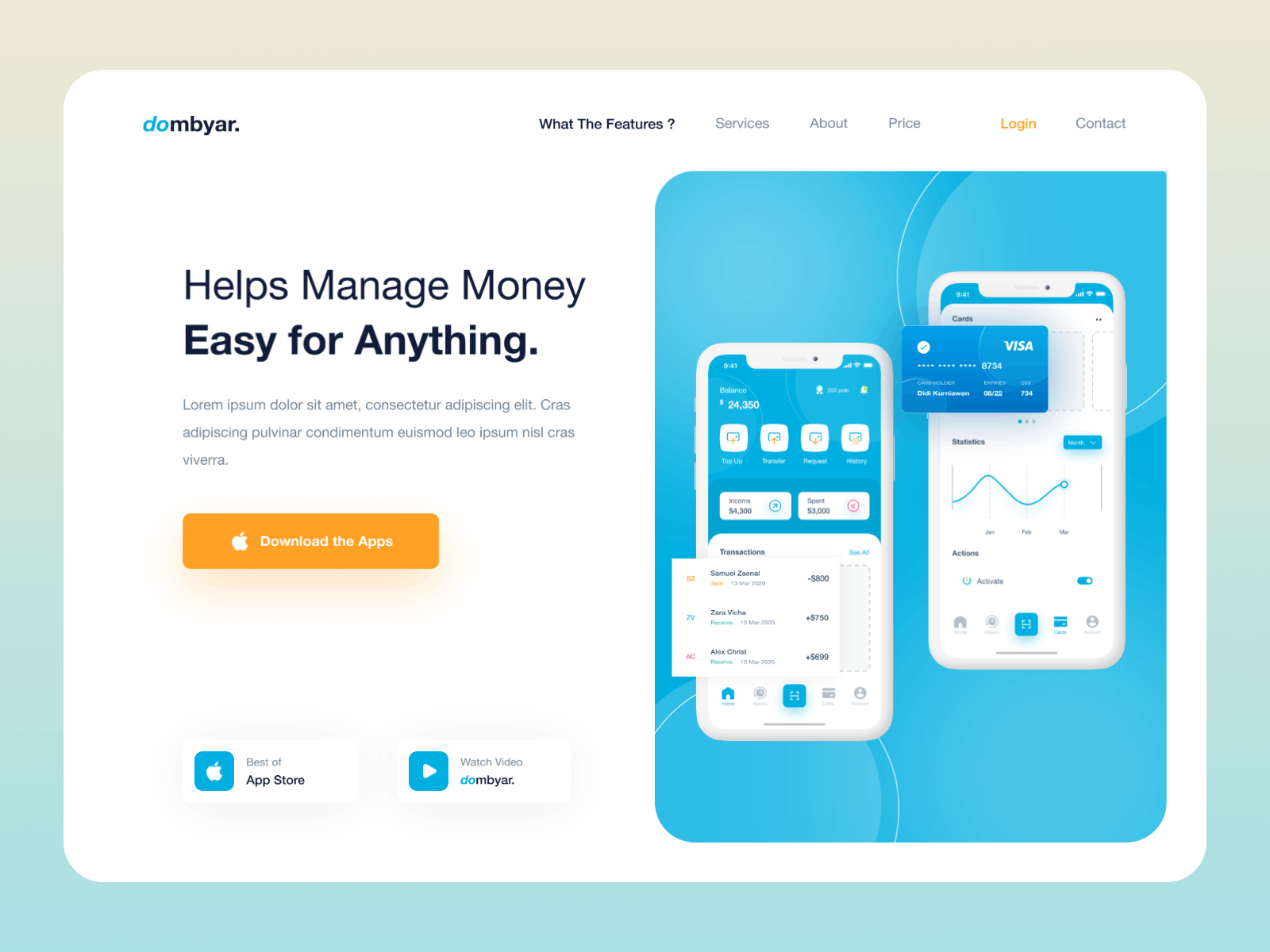 Header dombyar app. animation app store bank branding card company interaction interactiondesign ios landingpage landingpageapp money app money transfer promotion statistics uidesign uxdesign website