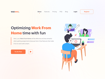 wazwez - Optimizing work from home with fun 😇 call character clean design collaborative design effective header illustration lineart meeting modern product ui design uiux ux design website wfh whitespace work work from home