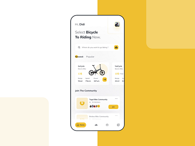 Bicycle Rental Interaction animation app bicycle bicycle app bike clean design company electric folding bike interaction ios iphone location maps rental sport time ui design ux design yellow