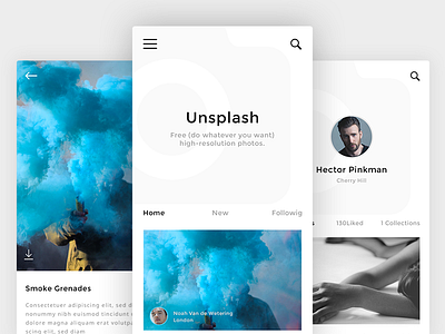 Unsplash App Design Concept app application clean flat gallery minimal mobile ui ux white
