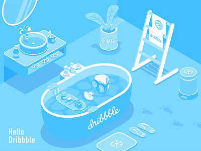 Hello Dribbble! 2.5d bath bathtub design duck hello dribbble illustration