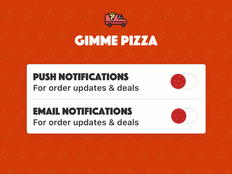 Gimme Pizza Settings – Daily UI 007 dailyui dailyui007 dailyuichallenge ios notifications pizza principleapp settings switch toggle
