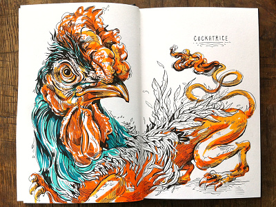 Cockatrice bird copic halloween illustration illustrations makers monster myth pen rooster sketch sketchbook