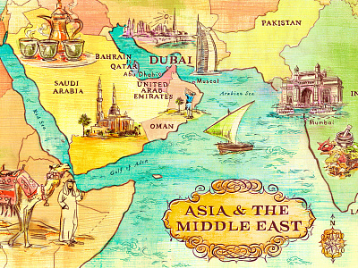 Map of Asia and the Middle East asia compass dubai illustration india lettering map middle east ocean saudi arabia sea water