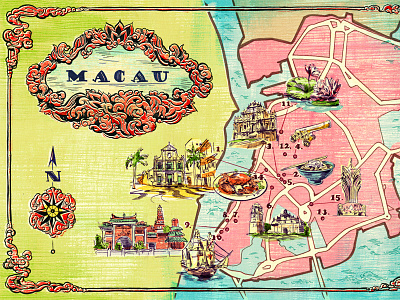 Map of Macau, China china compass flourishes food illustration lettering macau map sea travel water