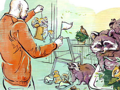 Surrender to the Raccoons! acrylic animals colourful editorial illustration ink magazine painting raccoons