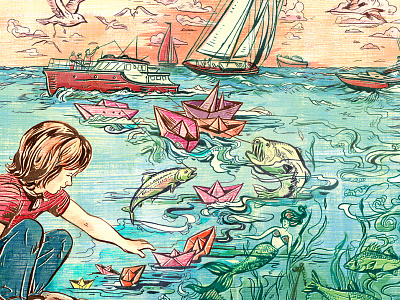 Paper Boats birds boats boy editorial fish illustration ink mermaid nautical sailor sea water