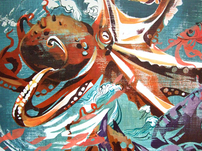 Watch out for the Octopus! acrylic animals art colorful crab giant illustration illustrations ink jacqui monsters movement oakley octopus painting sea texture violence zoo