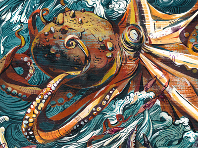 Octopus Battle! acrylic animals art colorful crab giant illustration illustrations ink jacqui monsters movement oakley octopus painting sea texture violence zoo