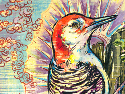 Divine Woodpecker acrylic birds colorful editorial illustration illustrations ink painting pattern texture