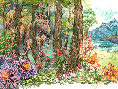 Moose! digital editorial flowers hand drawn illustration ink landscape magazine moose mountains trees wildlife