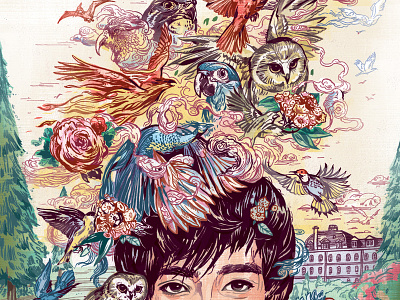 Birdwatcher birds clouds digital editorial flowers hand drawn illustration ink magazine owl portrait sky
