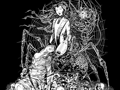 Jorōgumo Spider Woman art black and white halloween hyakki yagyo hyakki yako illustration ink japan skulls spider toronto yokai