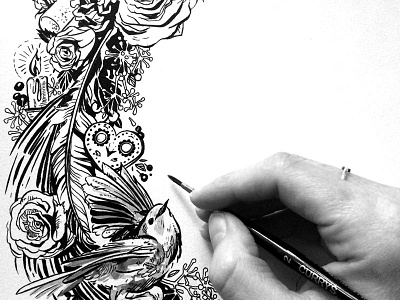 Bird Inking Process bird christmas draw feather floral holiday illustration ink process wip wreath