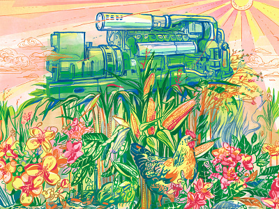 The Age of Vegetarian Machines: Biofuels art biofuels chicken digital engine environment flowers foliage illustration ink vegetation