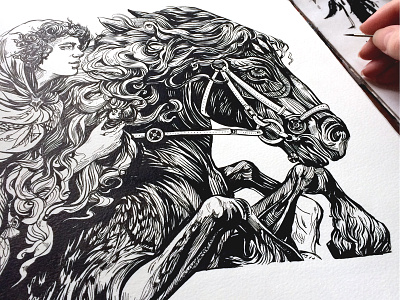 Nikolas & Sleipnir black and white christmas hair horse illustration ink mythology nikolas nikolas night thief norse process sleipnir