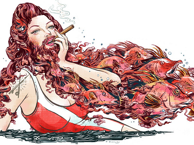 Bearded Lady art beard bearded lady cigar fish hair illustration ink red smoking water