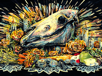Day of the Dead - Horse Skull Altar art day of the dead día de los muertos horse illustration illustrations ink mexico paint skeleton skull texture toronto uno