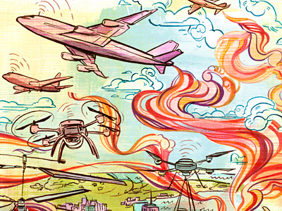 Friendly Drones air art clouds digital illustration illustrations ink planes texture