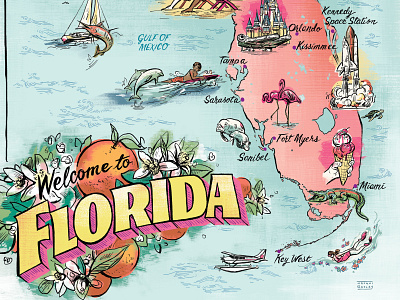 Florida Map art florida flowers handlettering illustration lettering map maps postcard typography usa vintage
