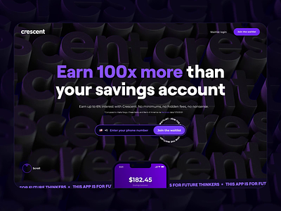 Crescent Landing Page animation app cinema 4d defi fintech illustration interaction landing page modern motion graphics product design savings webflow website