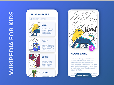 wikipedia for kids: Animals Section app design ui