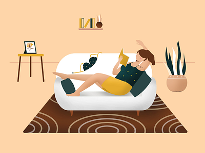No Bra Don't Care 2d books bra character colour palette colours couch design design inspiration dribbble shot of the day illustration pattern pjs plant quarantine reading shorts stay safe texture woman