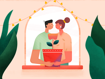 Growing together affinity couple cute dribbble best shot growth happy holiday home illustration illustrator kiss love love story man plant illustration rebound texture window woman