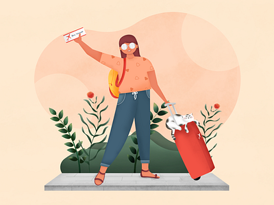 Travel Dreams 2d bon voyage cat colours cute design dream explore happy illustration plants sunglasses texture travel traveller travelling trolley vacation wanderlust woman