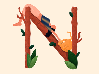 Letter N for 36 Days of Type 36days 36daysoftype alphabet cat character foliage girl illustration letter n n pet tree type upside down
