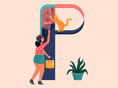 Painting time for Letter P 36days 36daysoftype 36daysoftype08 alphabet cat character girl illustration letter p lettering lettering art painting