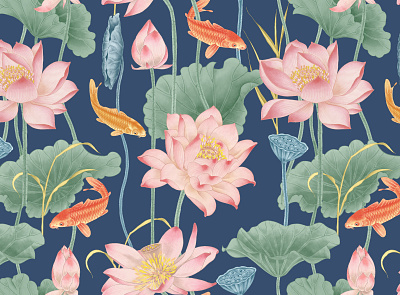 Seamless pattern of Lotuses and koi carp exclusive
