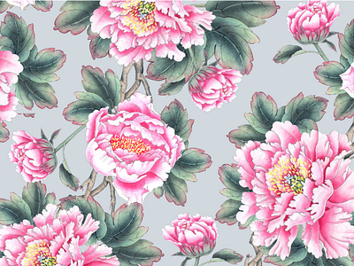 Seamless pattern of Peonies and birds. exclusive